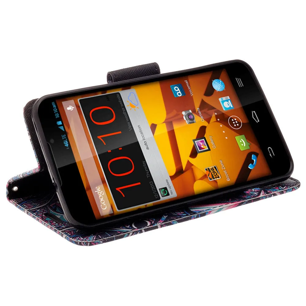 ZTE Max | N9520 | Boost Max Case, Wrist Strap Magnetic Flip Fold[Kickstand] Pu Leather Wallet Case with ID & Card Slots - Tribal Elephant