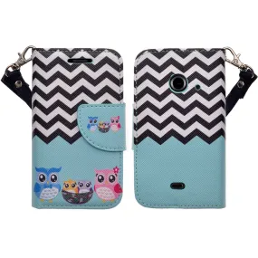 ZTE Z667 Case, Wrist Strap Magnetic Flip Fold[Kickstand] Pu Leather Wallet Case with ID & Card Slots - Teal Owl Family