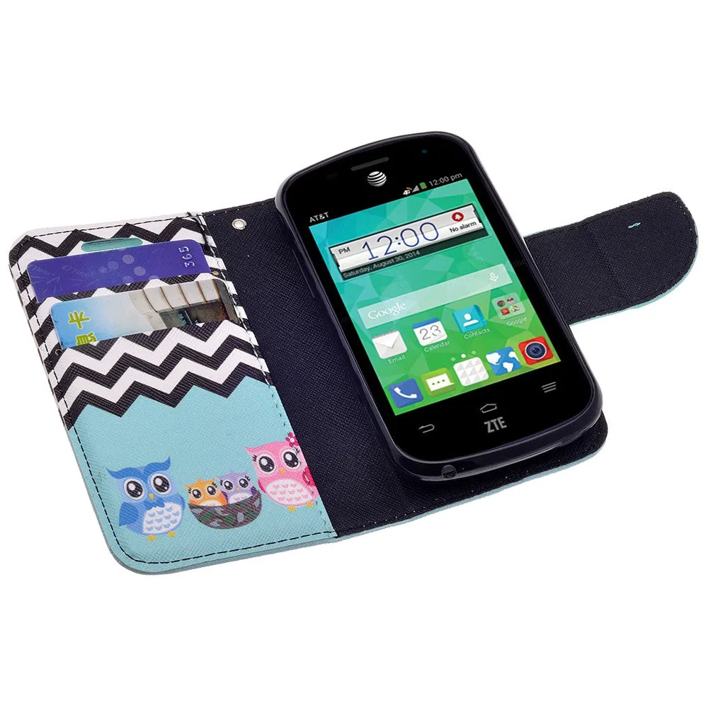 ZTE Z667 Case, Wrist Strap Magnetic Flip Fold[Kickstand] Pu Leather Wallet Case with ID & Card Slots - Teal Owl Family