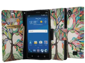 ZTE ZMAX 2 | Z958 Case, Wrist Strap Magnetic Fold[Kickstand] Pu Leather Wallet Case with ID & Credit Card Slots for ZTE ZMAX 2 - Colorful Tree