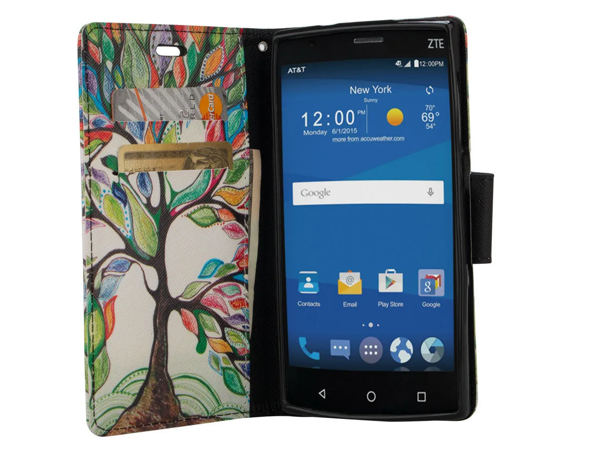 ZTE ZMAX 2 | Z958 Case, Wrist Strap Magnetic Fold[Kickstand] Pu Leather Wallet Case with ID & Credit Card Slots for ZTE ZMAX 2 - Colorful Tree