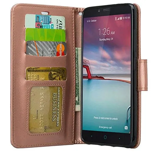 ZTE ZMAX Pro Case | Blade X Max | ZTE Carry | ZTE Grand X Max 2 Case | ZTE Imperial Max Case | ZTE Max Duo Pu Leather Magnetic Fold[Kickstand] Wallet Case with ID & Card Slots - Rose Gold